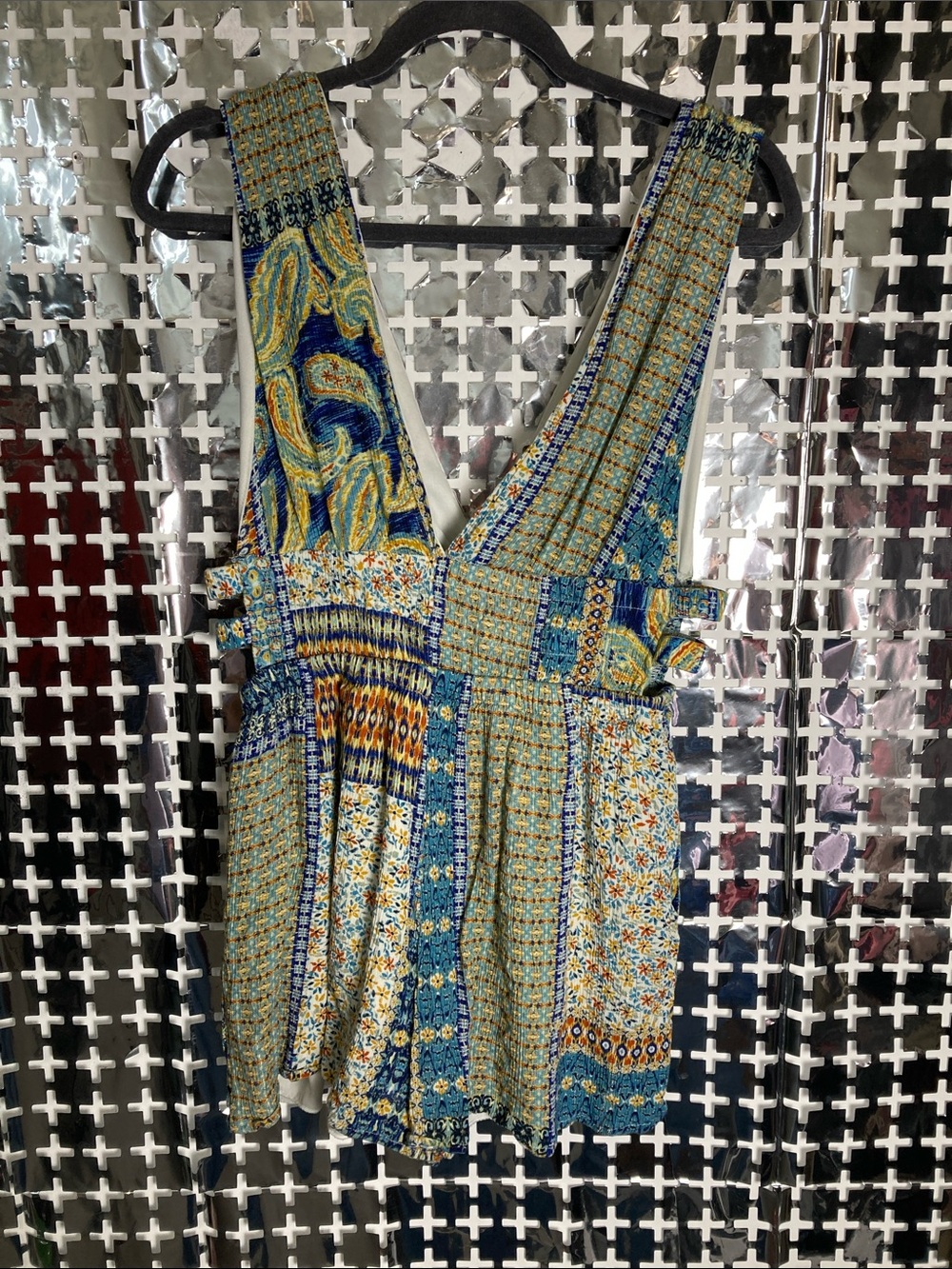 Fashion Nova Blue Multi Patchwork Romper